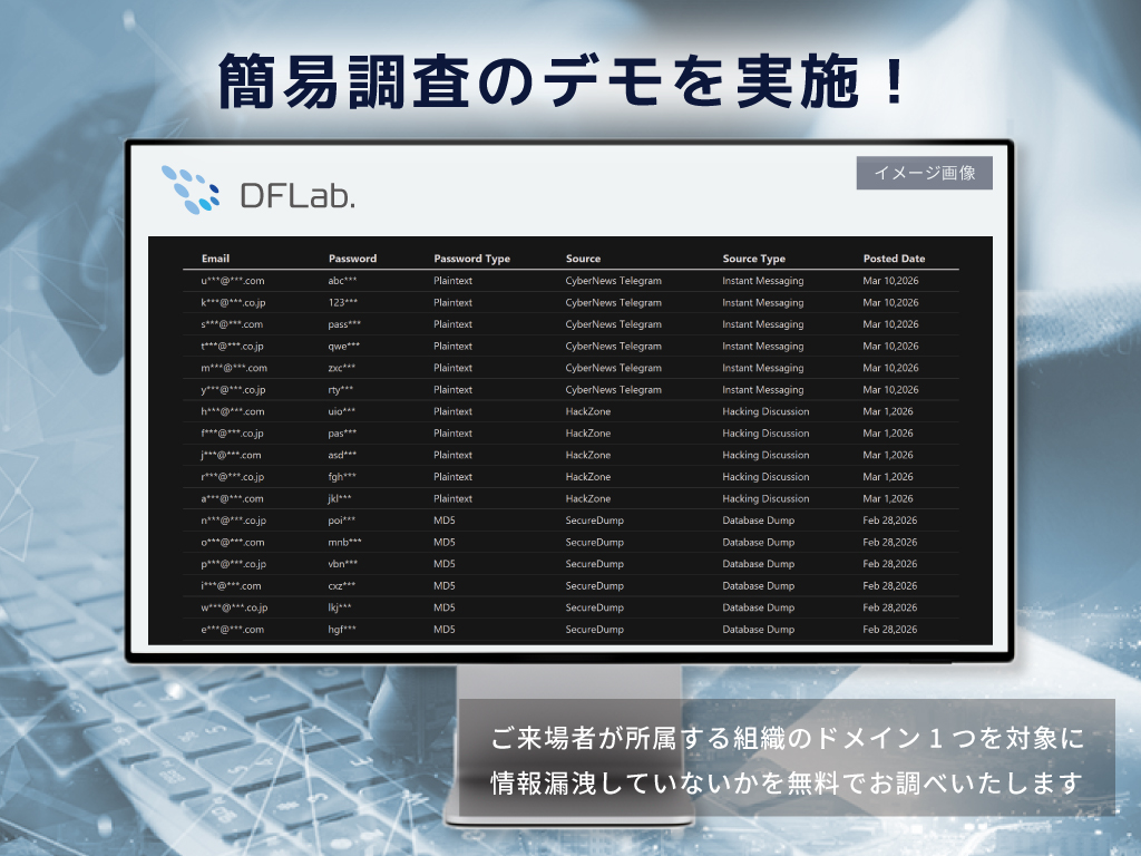簡易調査のデモを実施！　ご来場者が所属する組織のドメイン1つを対象に
情報漏洩していないかを無料でお調べいたします